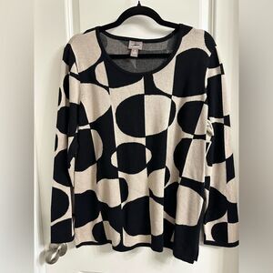 Chico’s Dot Jacquard Long Sleeve Top Size 3 Scoop Neck Pullover Khaki/ Black